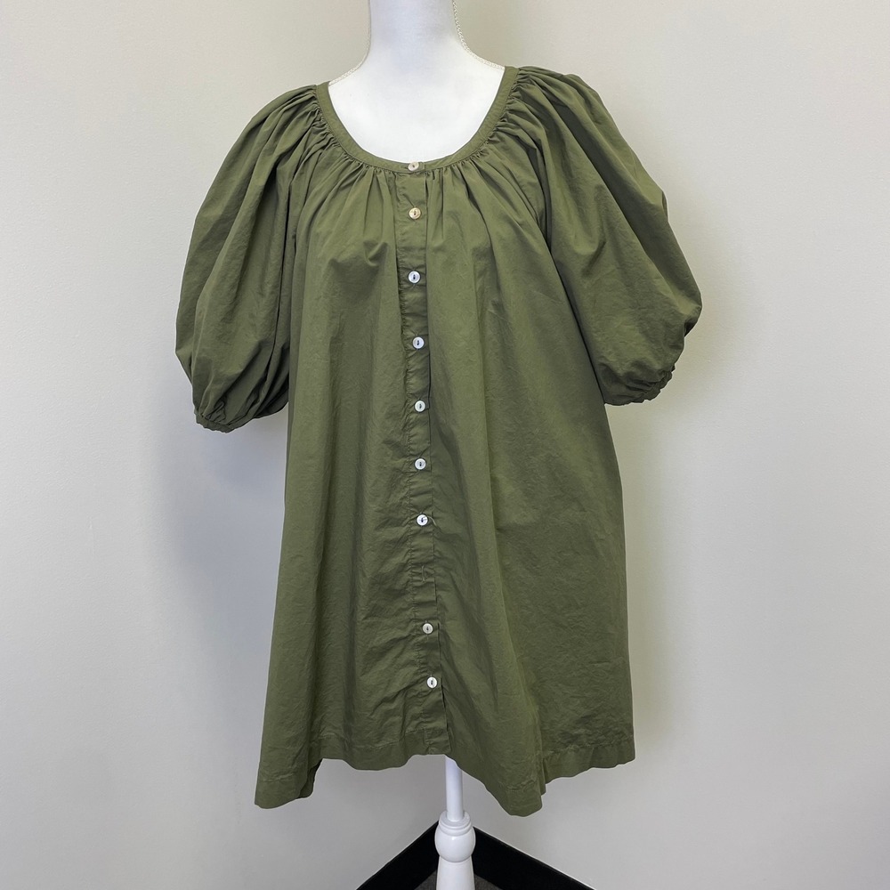 Tuckernuck Pomander Place Olive Green Cotton Puff Sleeve Button Down Dress L